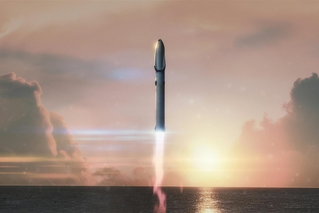 A stunning rocket launch at sunset, with clouds and ocean in the background, creating a dramatic scene.